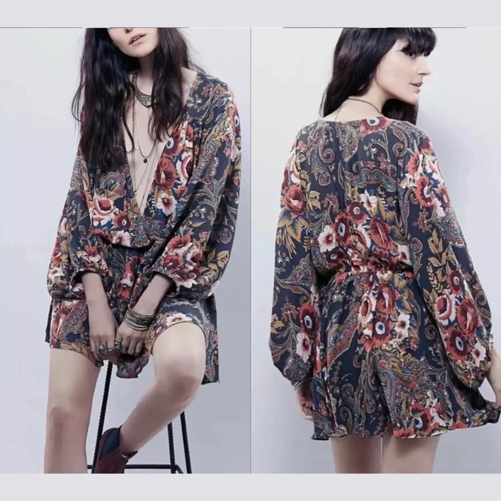 Free People High Plains Boho Ballon Sleeve Mini Dress in Paisley Print Size S
